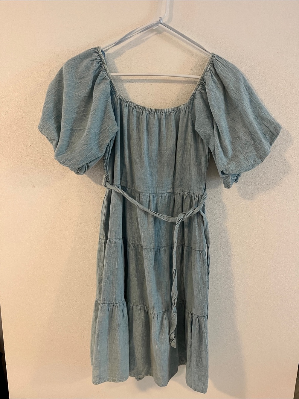 Light Blue Puff Sleeve Tiered Midi Dress with Tie Waist